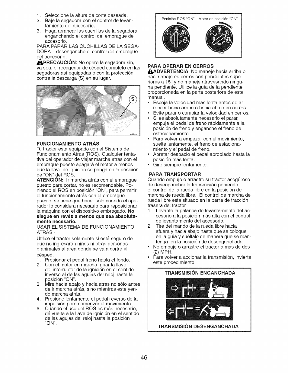 Funcionamiento atras, Para transportar | Craftsman 917.28927 User Manual | Page 46 / 68