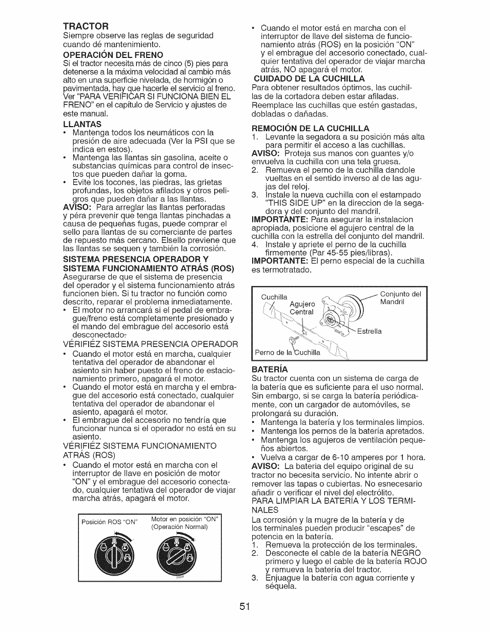 Operación del freno, Llantas, Remoción de la cuchilla | Craftsman 917.28927 User Manual | Page 51 / 68