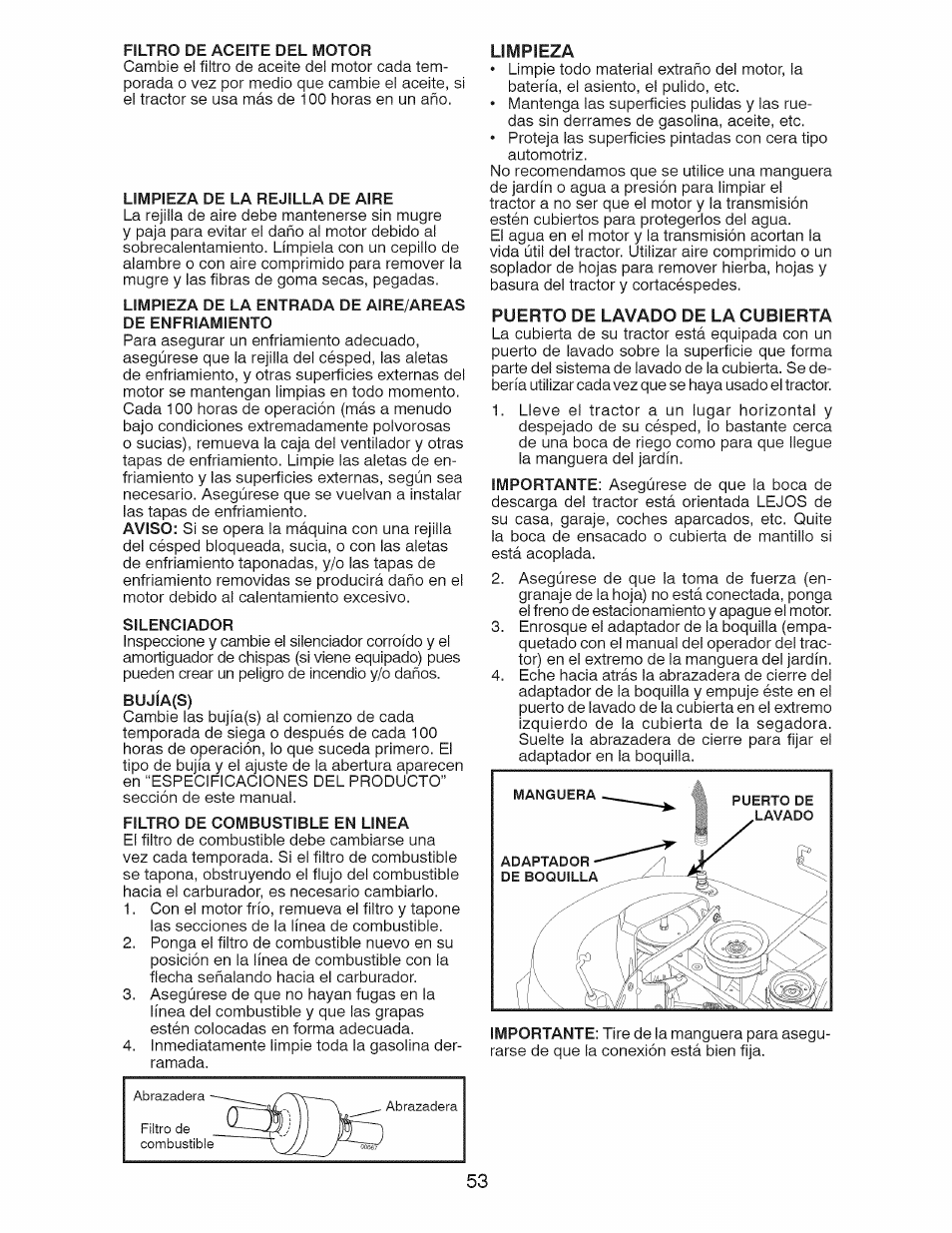 Filtro de aceite del motor, Limpieza de la rejilla de aire, Silenciador | Bujía(s), Filtro de combustible en linea, Limpieza, Puerto de lavado de la cubierta | Craftsman 917.28927 User Manual | Page 53 / 68