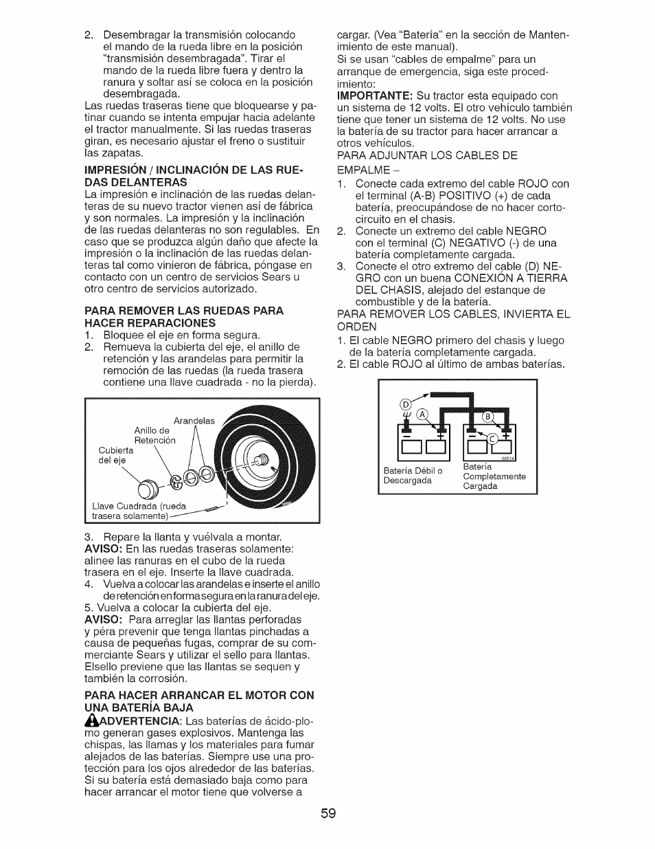 Impresión / inclinación de las ruedas delanteras, Para remover las ruedas para hacer reparaciones, Para hacer arrancar el motor con una batería baja | Craftsman 917.28927 User Manual | Page 59 / 68