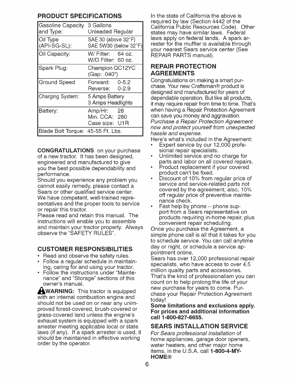 Customer responsibilities, Repair protection agreements, Sears installation service | Product specifications | Craftsman 917.28927 User Manual | Page 6 / 68