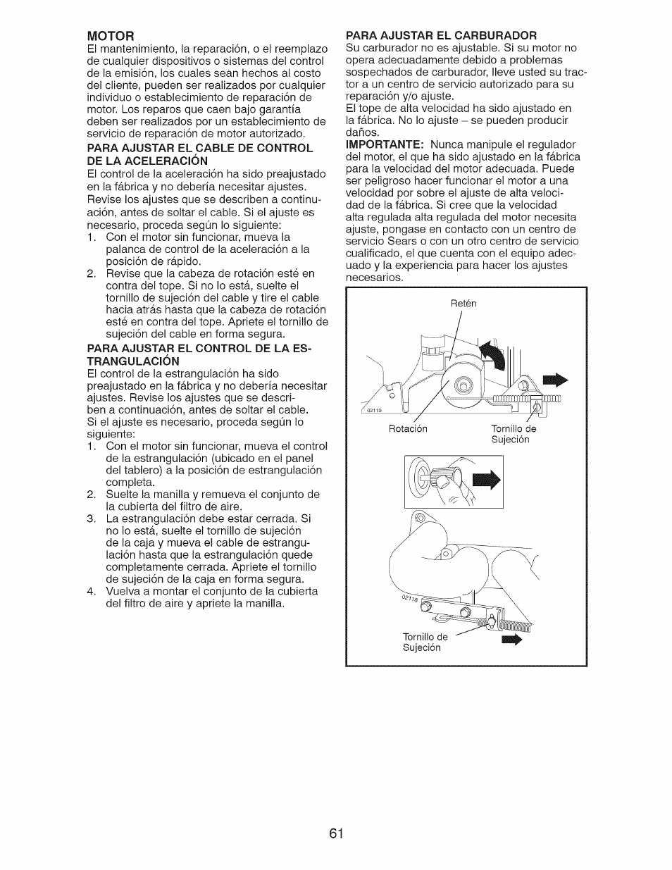 Para ajustar el control de la estrangulación, Para ajustar el carburador | Craftsman 917.28927 User Manual | Page 61 / 68