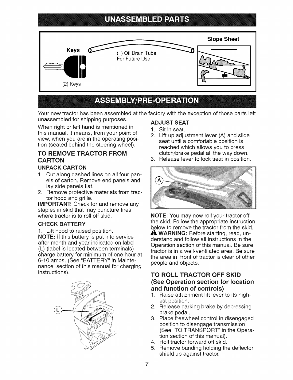 Unassembled parts, Assembly/pre-operation, To remove tractor from | Carton, Unpack carton, Check battery | Craftsman 917.28927 User Manual | Page 7 / 68