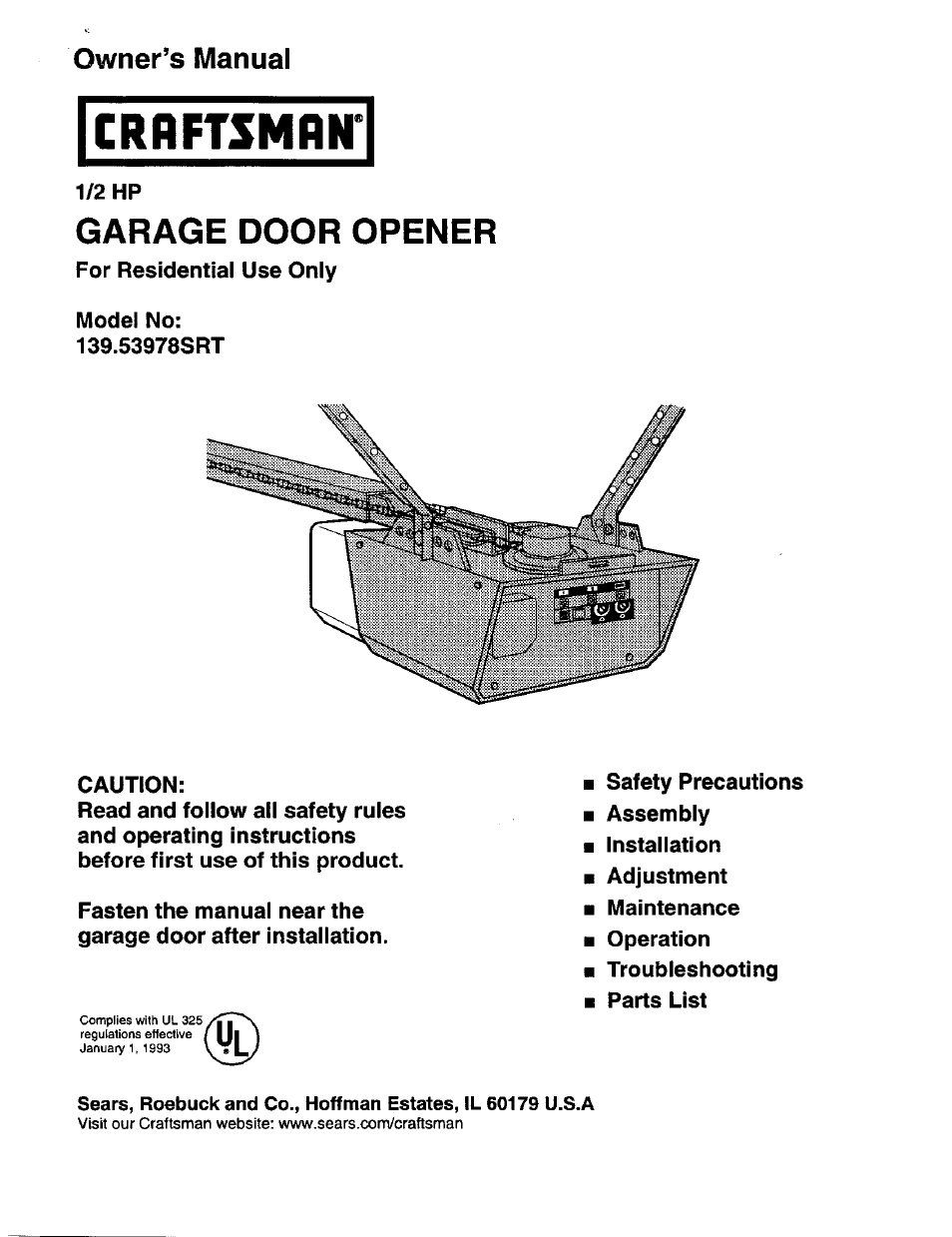 Craftsman 1/2 HP GARAGE DOOR OPENER 139.53978SRT User Manual | 40 pages