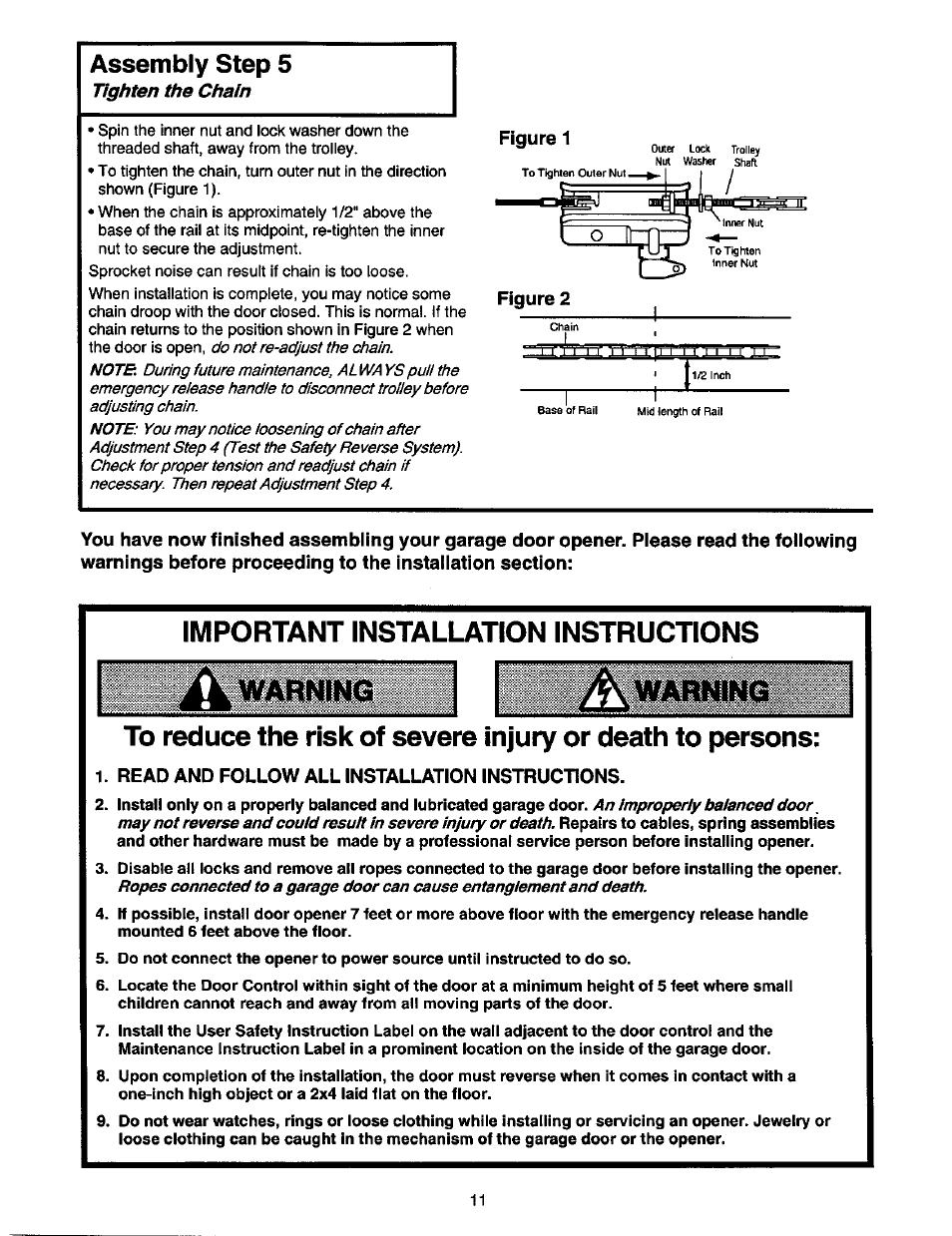 Assembly step 5, Important installation instructions, Warn | Read and follow all installation instructions | Craftsman 1/2 HP GARAGE DOOR OPENER 139.53978SRT User Manual | Page 11 / 40
