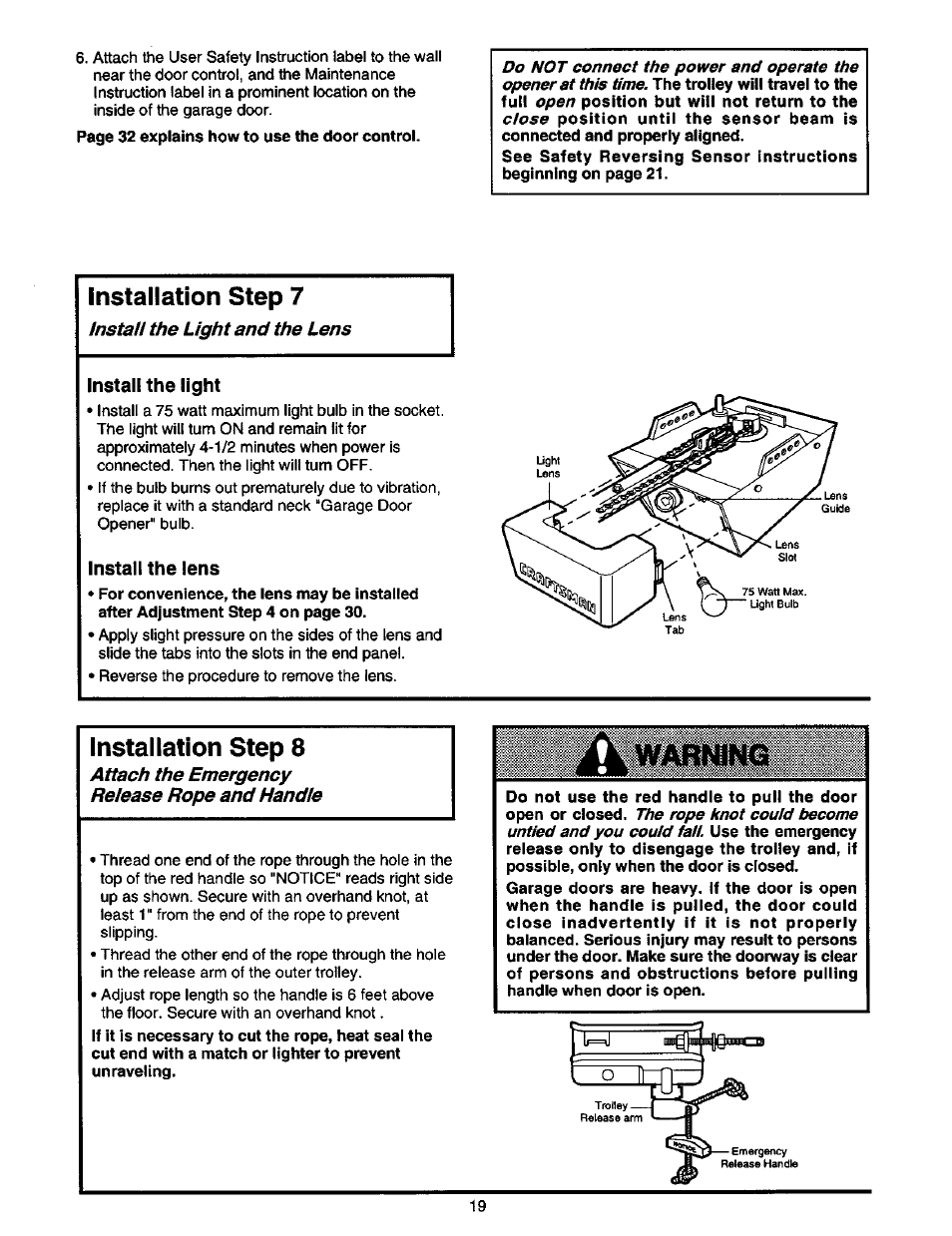 Installation step 7, Install the light, Install the lens | Installation step 8 | Craftsman 1/2 HP GARAGE DOOR OPENER 139.53978SRT User Manual | Page 19 / 40
