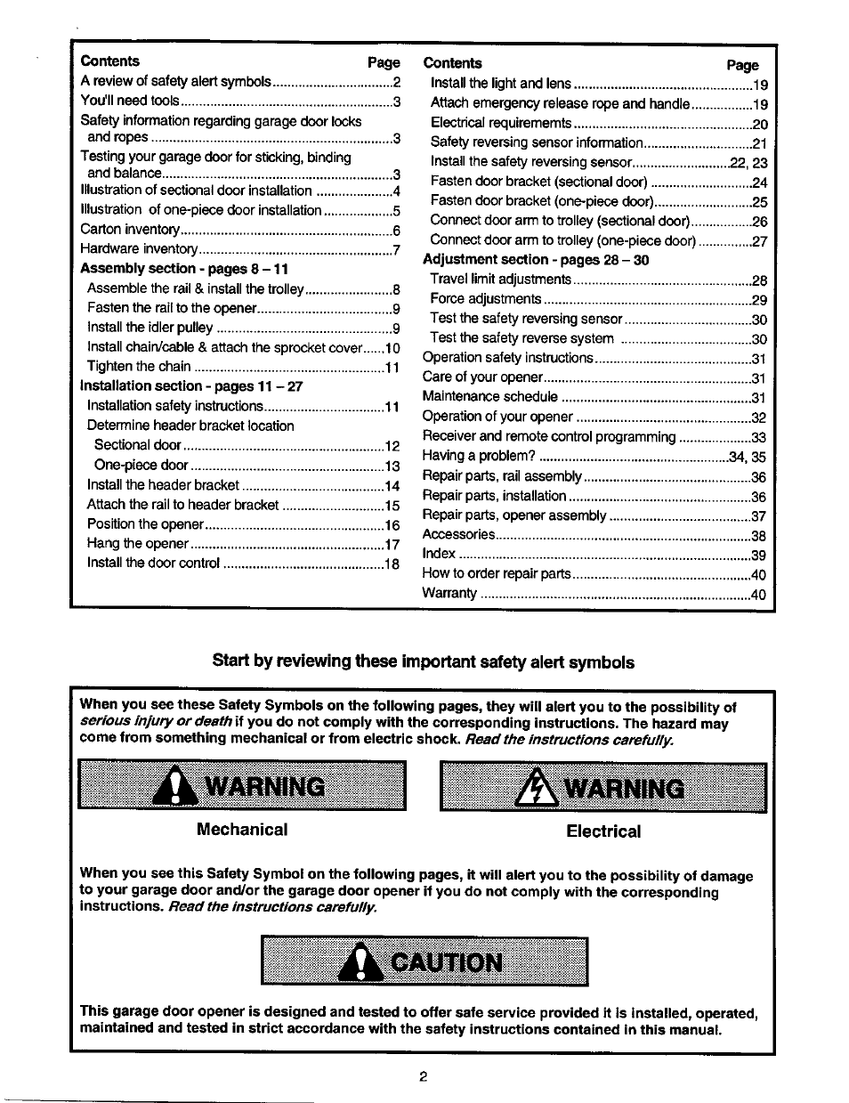 Wmftning, Mechanical, Electrical | Caution | Craftsman 1/2 HP GARAGE DOOR OPENER 139.53978SRT User Manual | Page 2 / 40