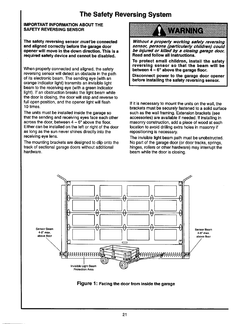 The safety reversing system, Test the safety reversing sensor | Craftsman 1/2 HP GARAGE DOOR OPENER 139.53978SRT User Manual | Page 21 / 40