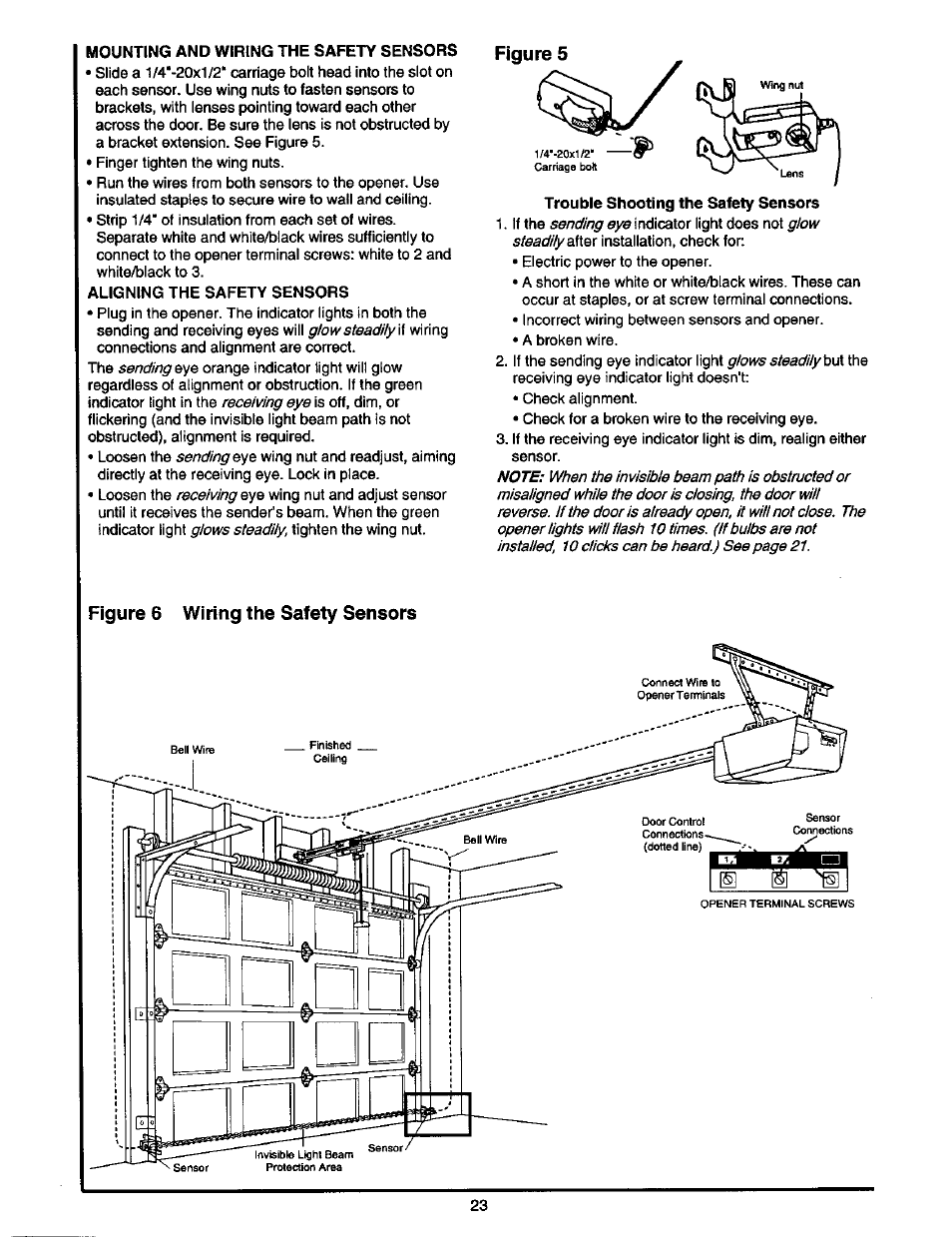 Figure 5, Glow steadily w, Sending eye | Receiving eye, Glows steadily, Figure 6 wiring the safety sensors figure 5, Glow steadily e^ex, Glows steadiiydux | Craftsman 1/2 HP GARAGE DOOR OPENER 139.53978SRT User Manual | Page 23 / 40