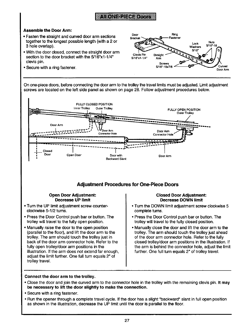 Adjustment procedures for one-piece doors | Craftsman 1/2 HP GARAGE DOOR OPENER 139.53978SRT User Manual | Page 27 / 40