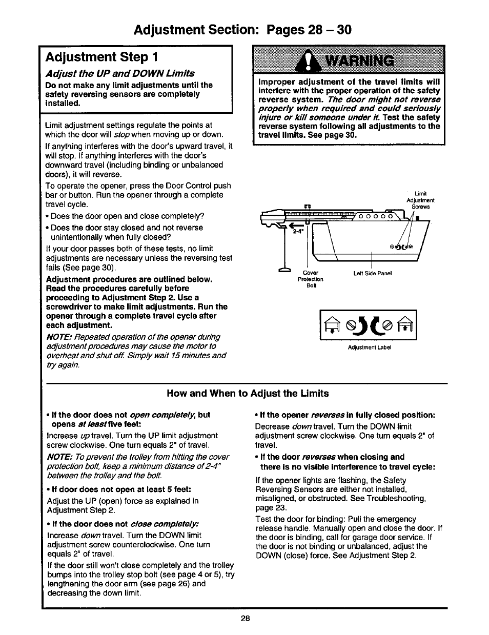 Adjustment step 1, How and when to adjust the limits | Craftsman 1/2 HP GARAGE DOOR OPENER 139.53978SRT User Manual | Page 28 / 40