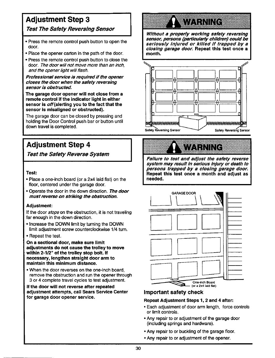 Adjustment step 4, Important safety check, Adjustment step 3 | Craftsman 1/2 HP GARAGE DOOR OPENER 139.53978SRT User Manual | Page 30 / 40