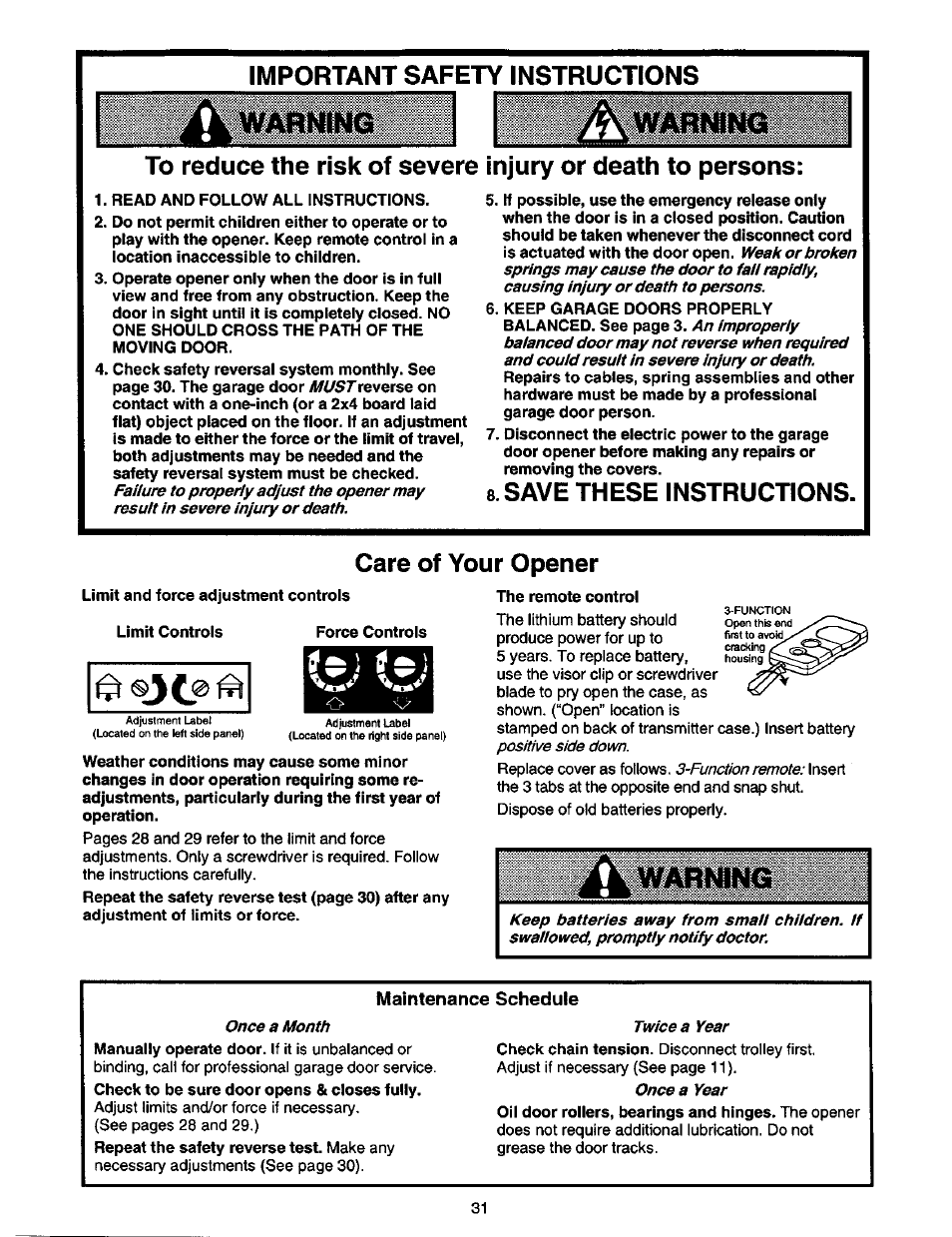 Important safety instructions, Save these instructions, Care of your opener | Maintenance schedule, Operation safety instructions, Save these instructions. care of your opener | Craftsman 1/2 HP GARAGE DOOR OPENER 139.53978SRT User Manual | Page 31 / 40