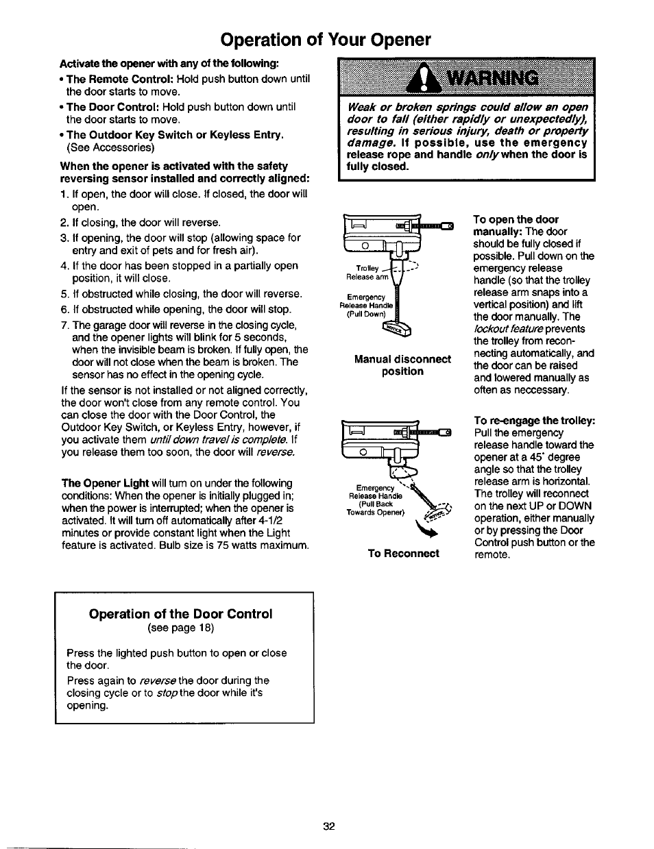 Operation of your opener, Operation of the door control | Craftsman 1/2 HP GARAGE DOOR OPENER 139.53978SRT User Manual | Page 32 / 40