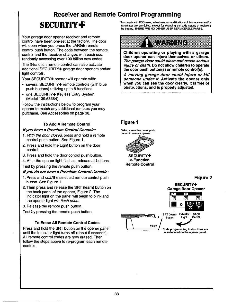 Receiver and remote control programming, Seculiri'y | Craftsman 1/2 HP GARAGE DOOR OPENER 139.53978SRT User Manual | Page 33 / 40