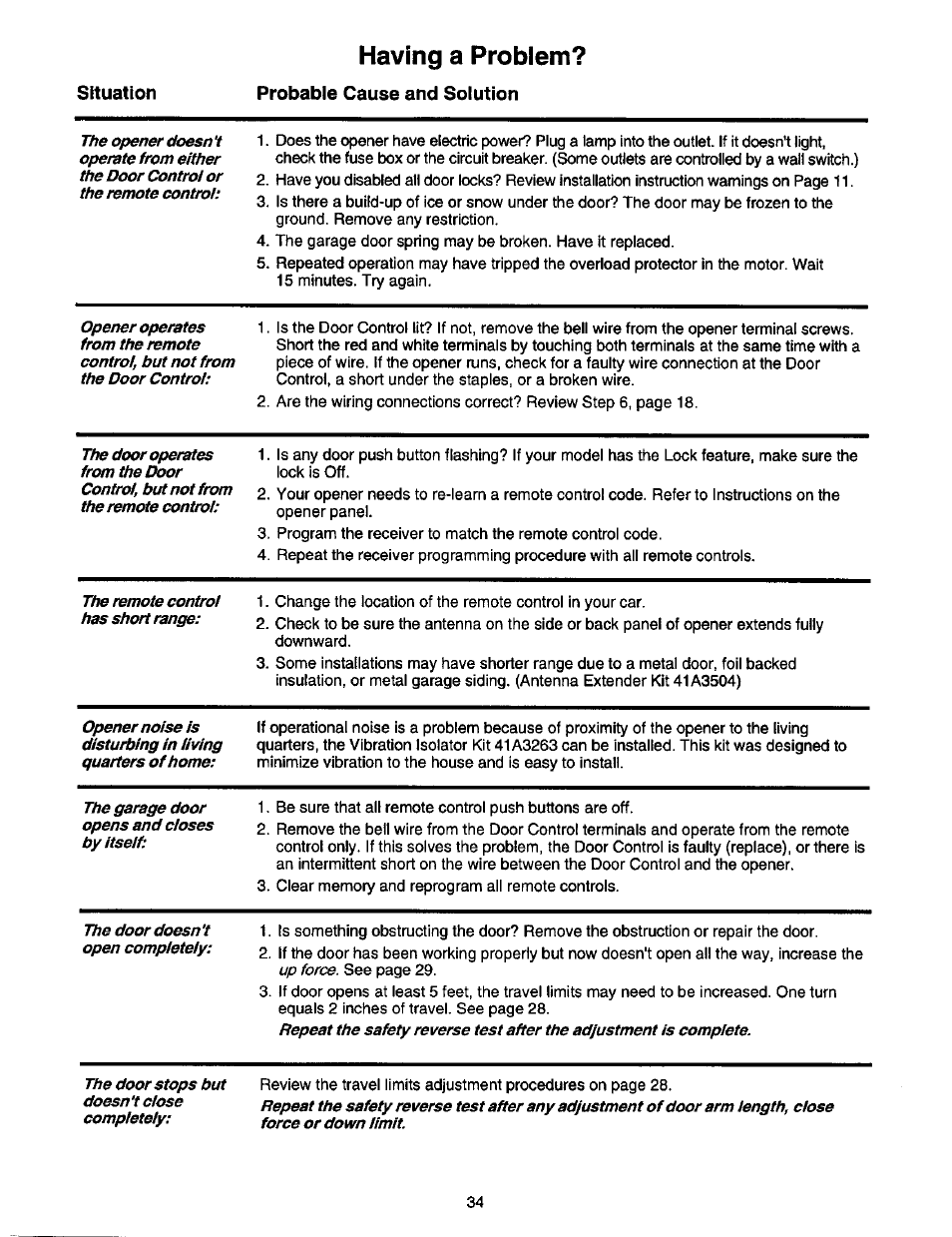 Having a problem, Having a problem? ,35, Situation probable cause and solution | Up force | Craftsman 1/2 HP GARAGE DOOR OPENER 139.53978SRT User Manual | Page 34 / 40