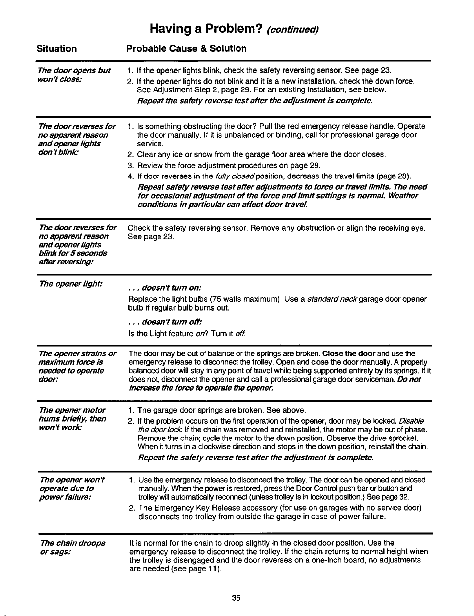 Having a problem? (continued), Having a problem | Craftsman 1/2 HP GARAGE DOOR OPENER 139.53978SRT User Manual | Page 35 / 40