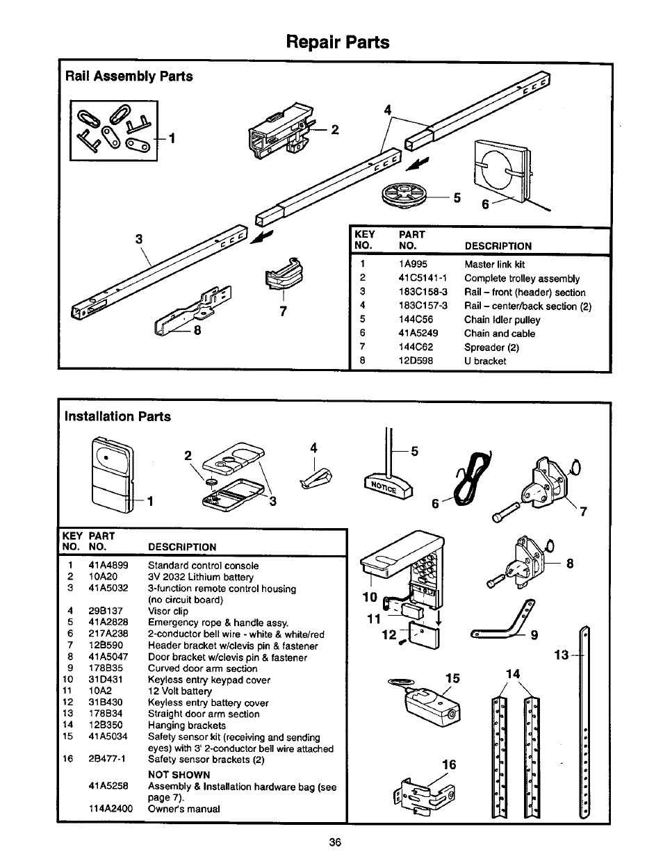 Repair parts, Rail assembly parts, Installation parts | Craftsman 1/2 HP GARAGE DOOR OPENER 139.53978SRT User Manual | Page 36 / 40