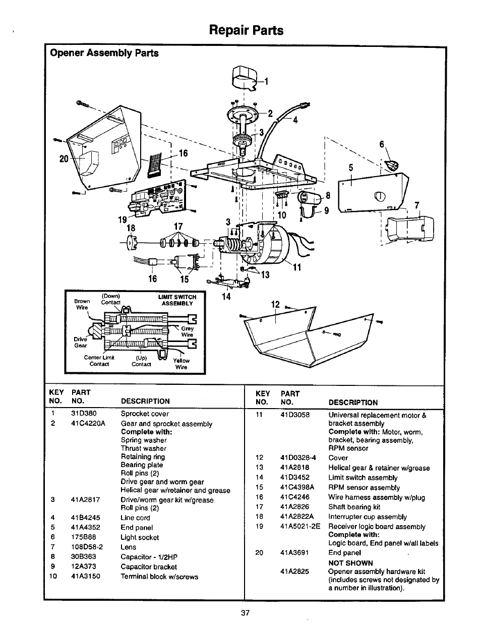 Repair parts, Opener assembly parts | Craftsman 1/2 HP GARAGE DOOR OPENER 139.53978SRT User Manual | Page 37 / 40