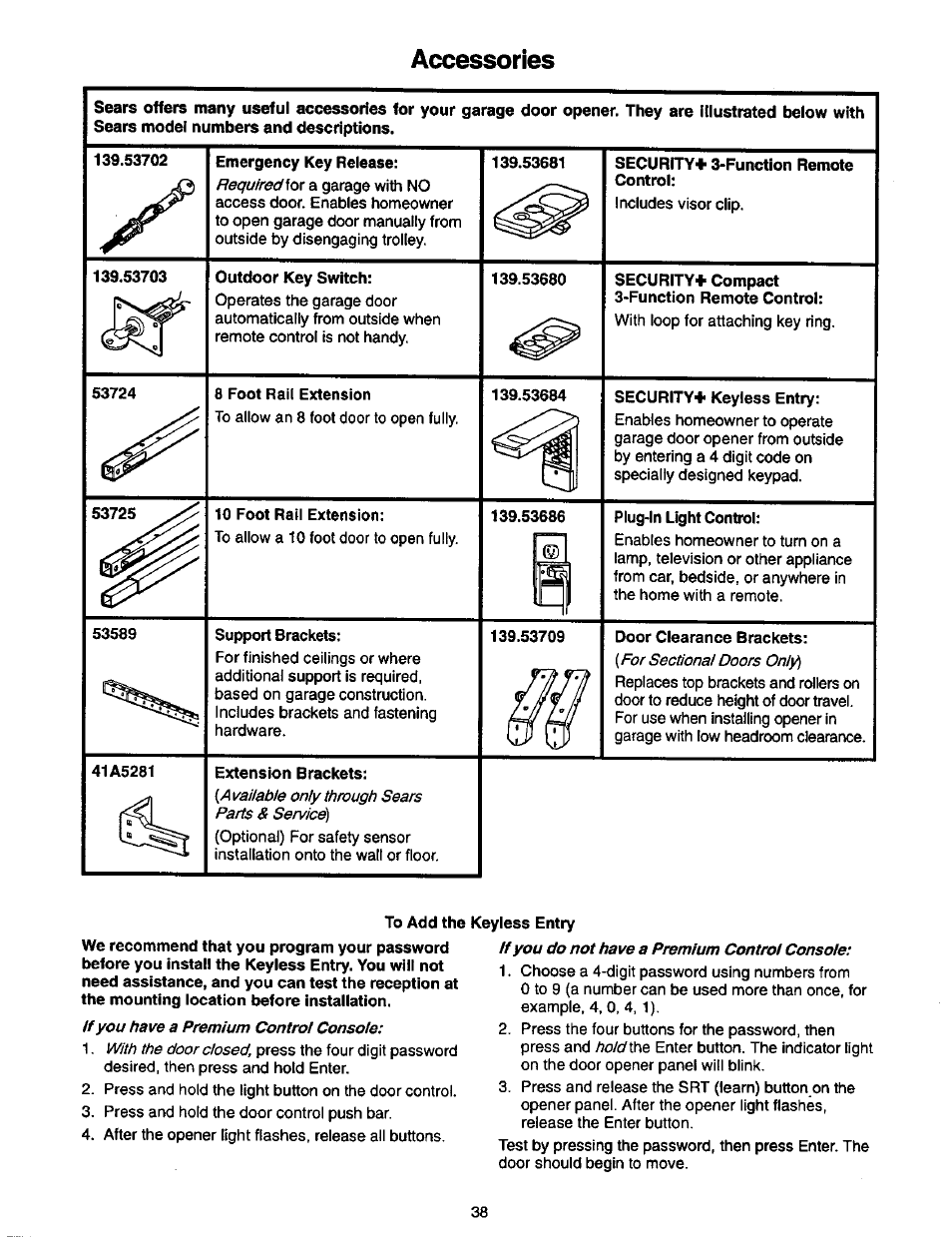 Accessories | Craftsman 1/2 HP GARAGE DOOR OPENER 139.53978SRT User Manual | Page 38 / 40