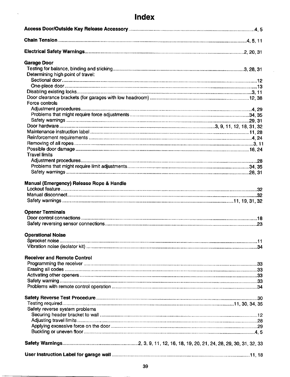 Index | Craftsman 1/2 HP GARAGE DOOR OPENER 139.53978SRT User Manual | Page 39 / 40