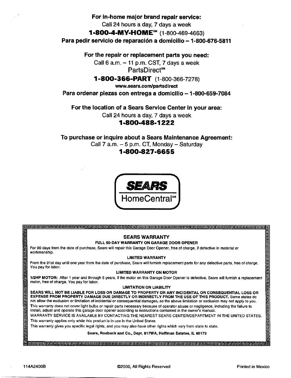 For in-home major brand repair service, For the repair or repiacement parts you need, Homecentrap | Craftsman 1/2 HP GARAGE DOOR OPENER 139.53978SRT User Manual | Page 40 / 40
