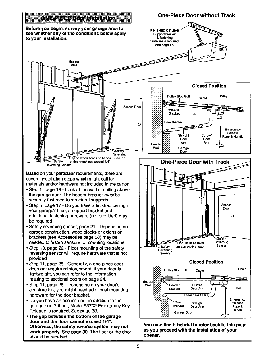 One-piece door without track, M ustbq, One-piece door with track | Based on your particular requirements, there are | Craftsman 1/2 HP GARAGE DOOR OPENER 139.53978SRT User Manual | Page 5 / 40