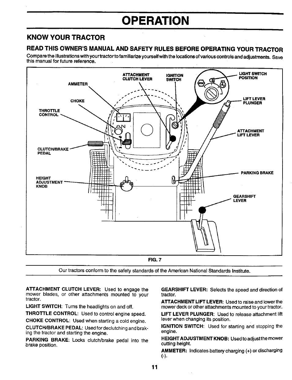 Know your tractor, Operation | Craftsman 917.259561 User Manual | Page 11 / 56