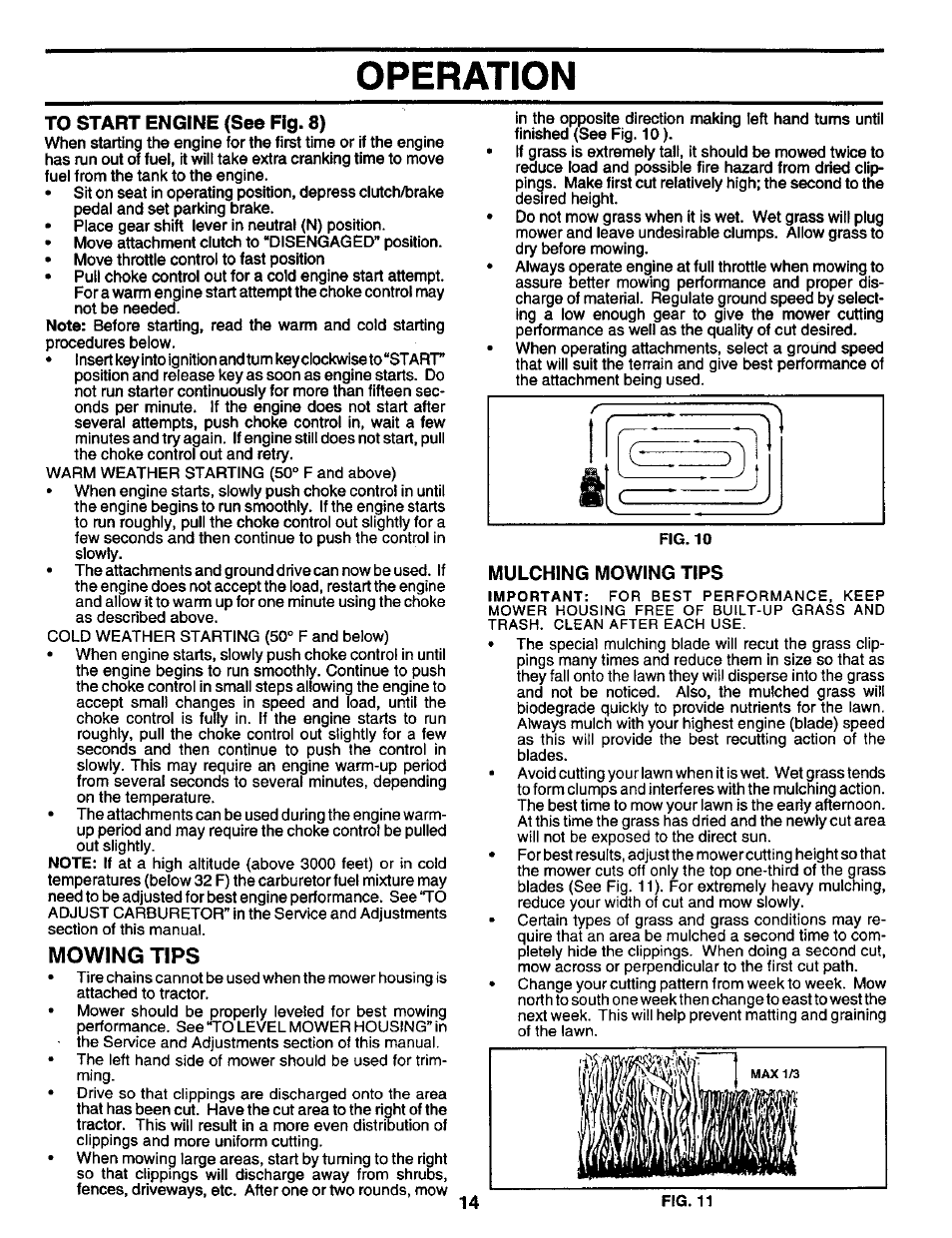 To start engine (see fig. 8), Mowing tips, Mulching mowing tips | Operation | Craftsman 917.259561 User Manual | Page 14 / 56