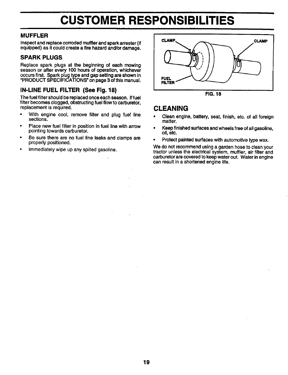 Muffler, Spark plugs, In-line fuel filter (see fig. 18) | Cleaning, Customer responsibilities | Craftsman 917.259561 User Manual | Page 19 / 56