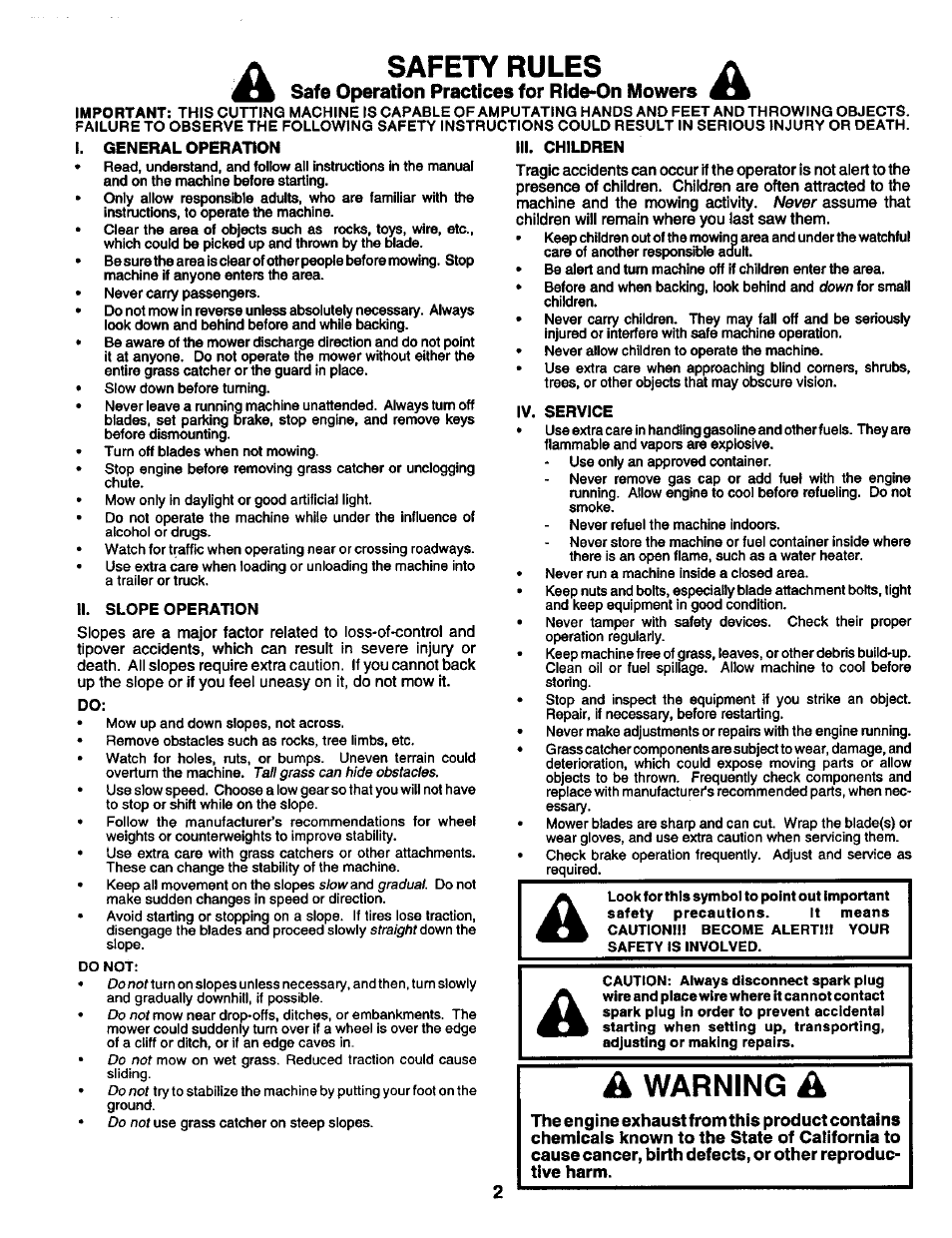 Safety rules, Warning, Safe operation practices for ride-on mowers | Craftsman 917.259561 User Manual | Page 2 / 56