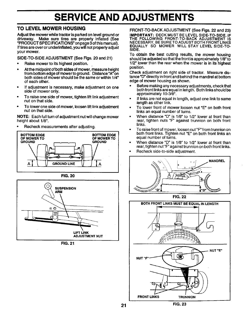 To level mower housing, Service and adjustments | Craftsman 917.259561 User Manual | Page 21 / 56