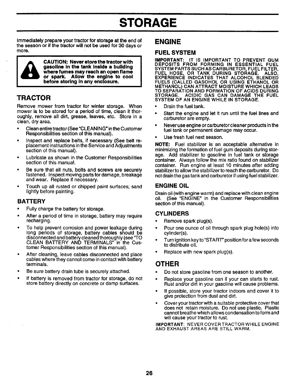 Storage, Tractor, Battery | Engine, Fuel system, Engine oil, Cylinders, Other | Craftsman 917.259561 User Manual | Page 26 / 56