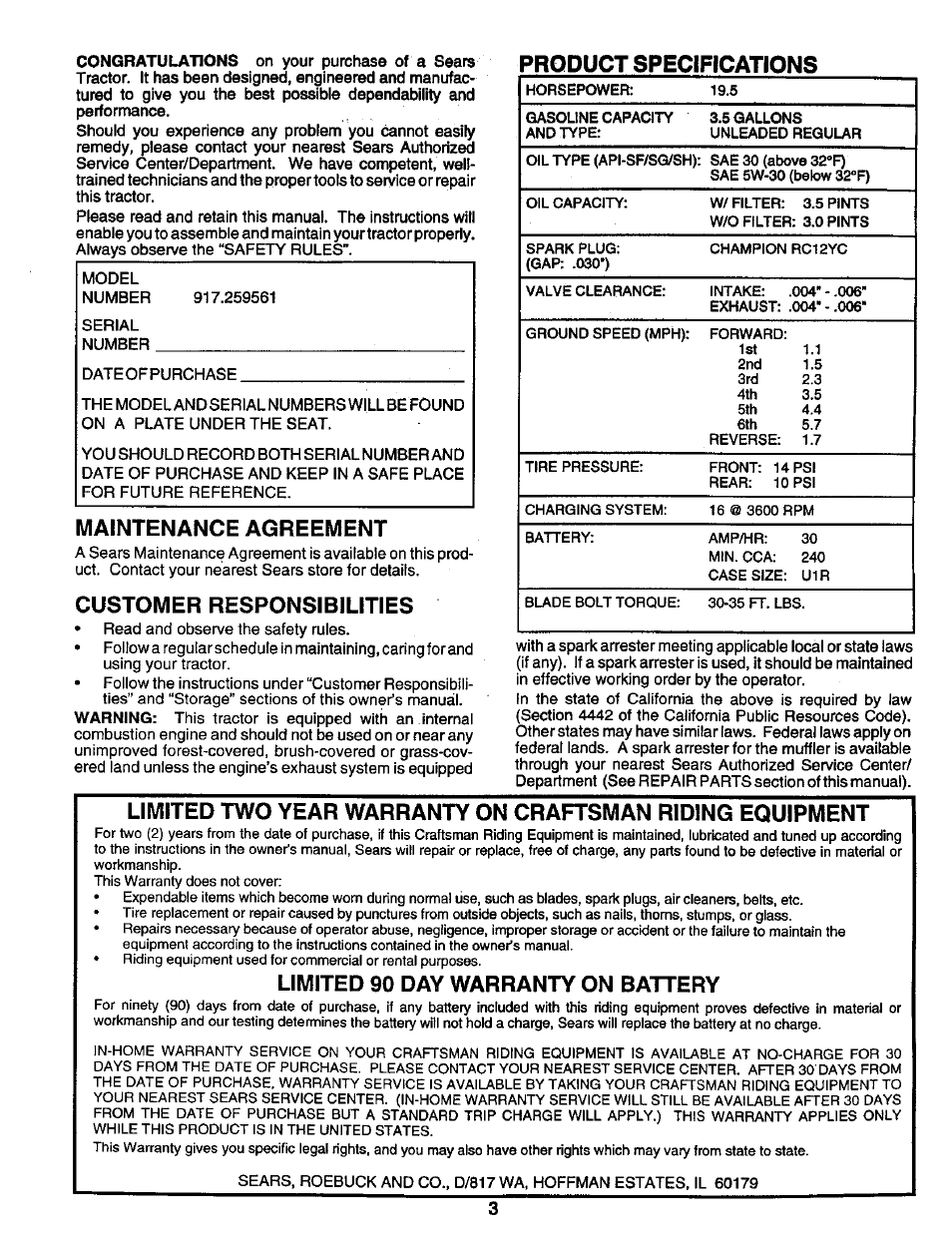 Product specifications, Maintenance agreement, Customer responsibilities | Limited 90 day warranty on battery | Craftsman 917.259561 User Manual | Page 3 / 56