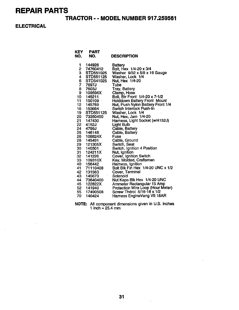 Electrical, Repair parts | Craftsman 917.259561 User Manual | Page 31 / 56