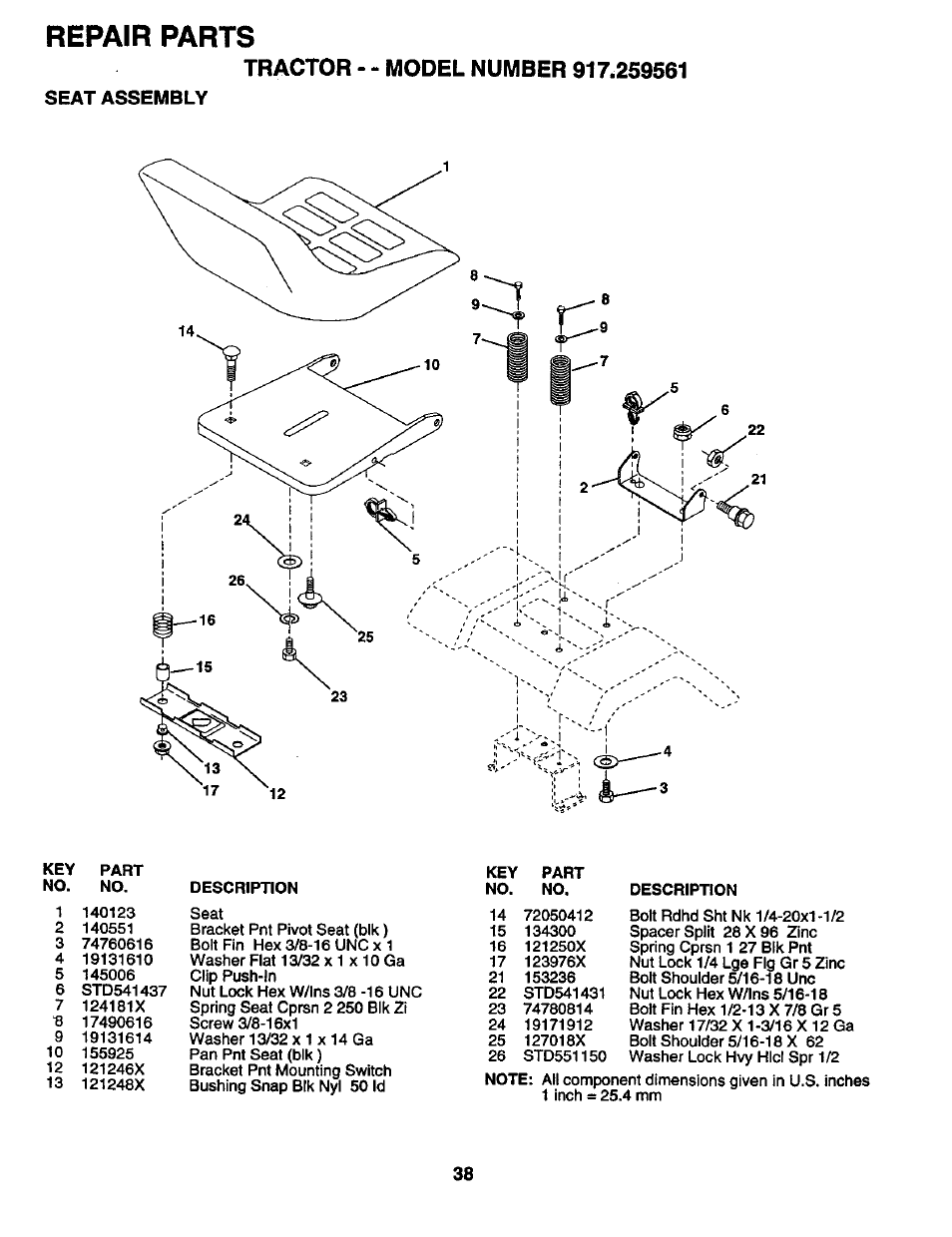 Seat assembly, Repair parts | Craftsman 917.259561 User Manual | Page 38 / 56