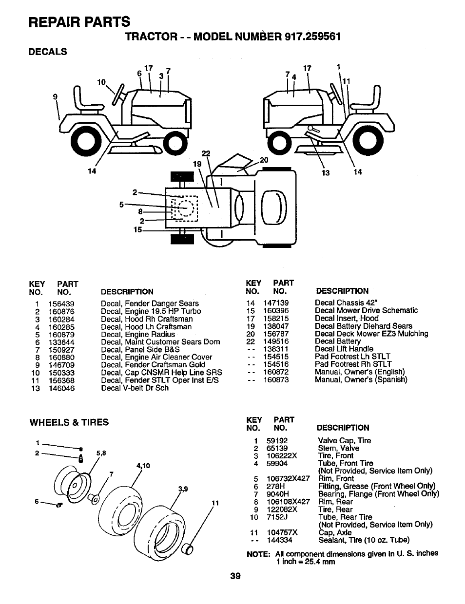 Decals, Repair parts, Wheels & tires | Craftsman 917.259561 User Manual | Page 39 / 56