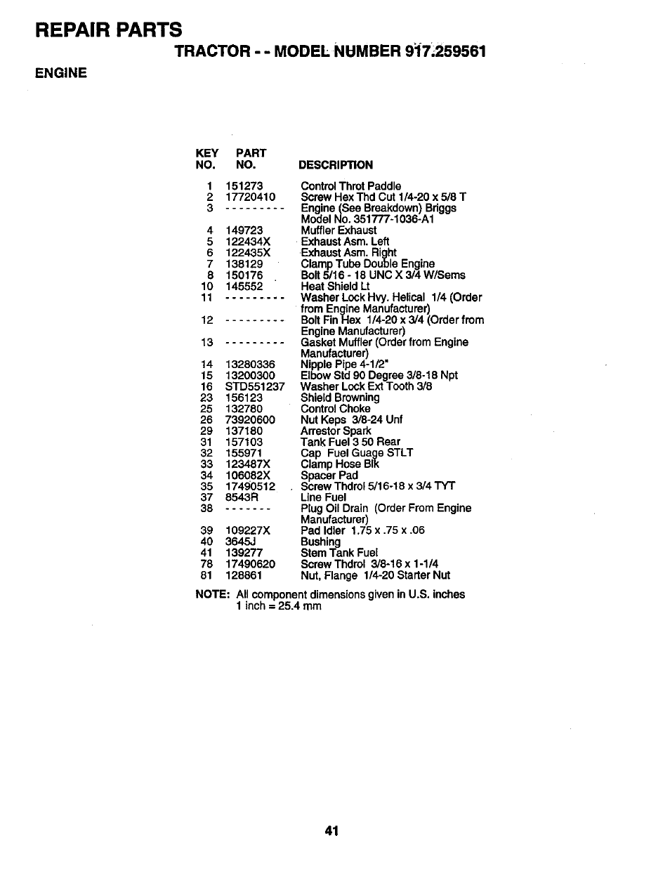 Engine, Repair parts | Craftsman 917.259561 User Manual | Page 41 / 56