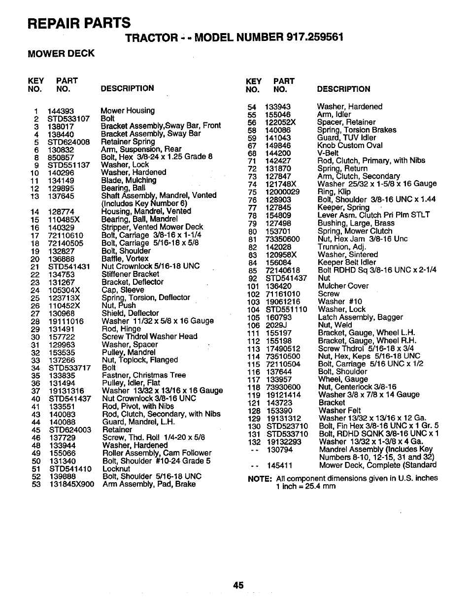 Mower deck, Repair parts | Craftsman 917.259561 User Manual | Page 45 / 56