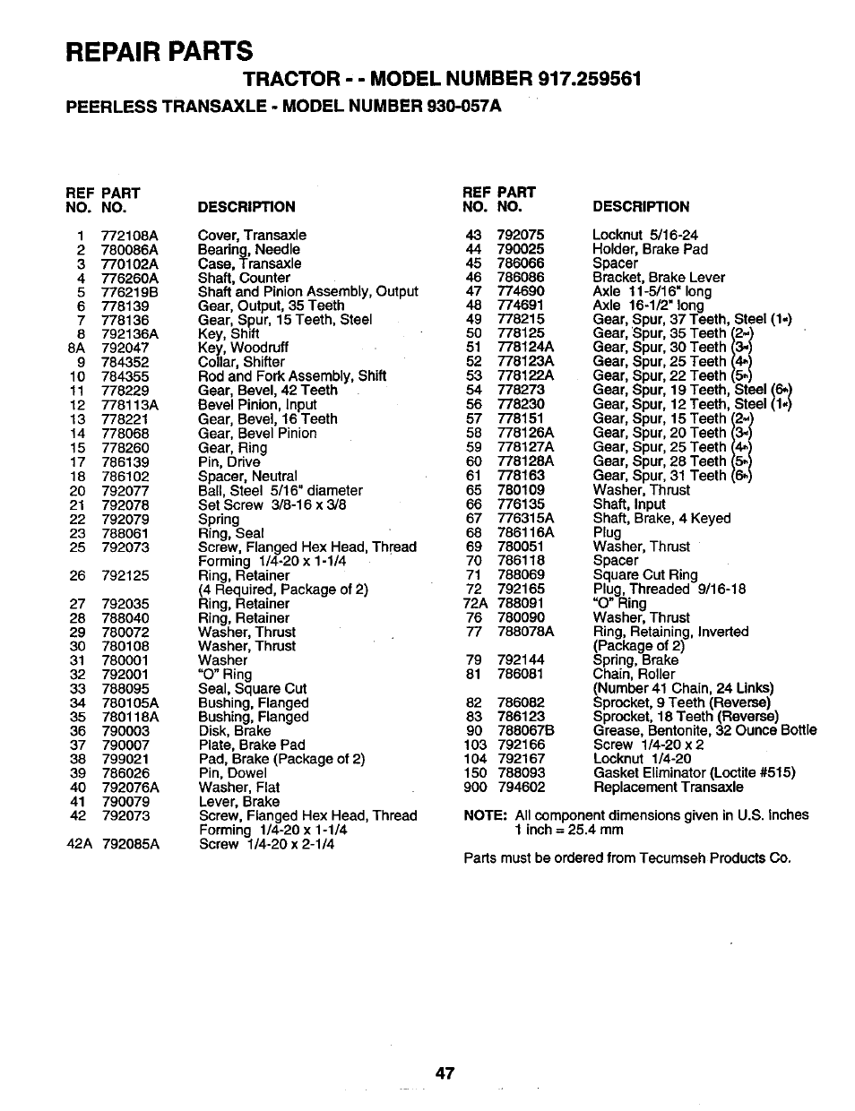 Repair parts | Craftsman 917.259561 User Manual | Page 47 / 56