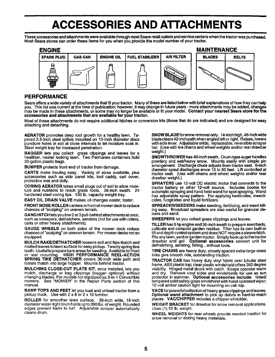 Engine, Maintenance, Performance | Accessories and attachments, Engine maintenance | Craftsman 917.259561 User Manual | Page 5 / 56