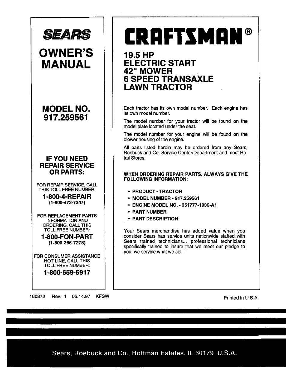Crrftsmrn, Bears, Owner’s | Manual, 5 hp | Craftsman 917.259561 User Manual | Page 56 / 56