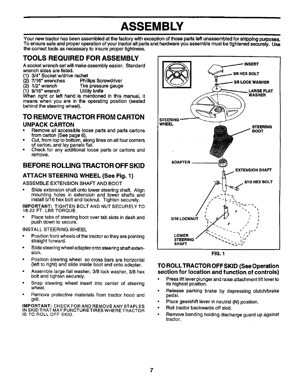 Tools required for assembly, To remove tractor from carton, Unpack carton | Before rolling tractor off skid, Attach steering wheel (see fig. 1), Assembly | Craftsman 917.259561 User Manual | Page 7 / 56