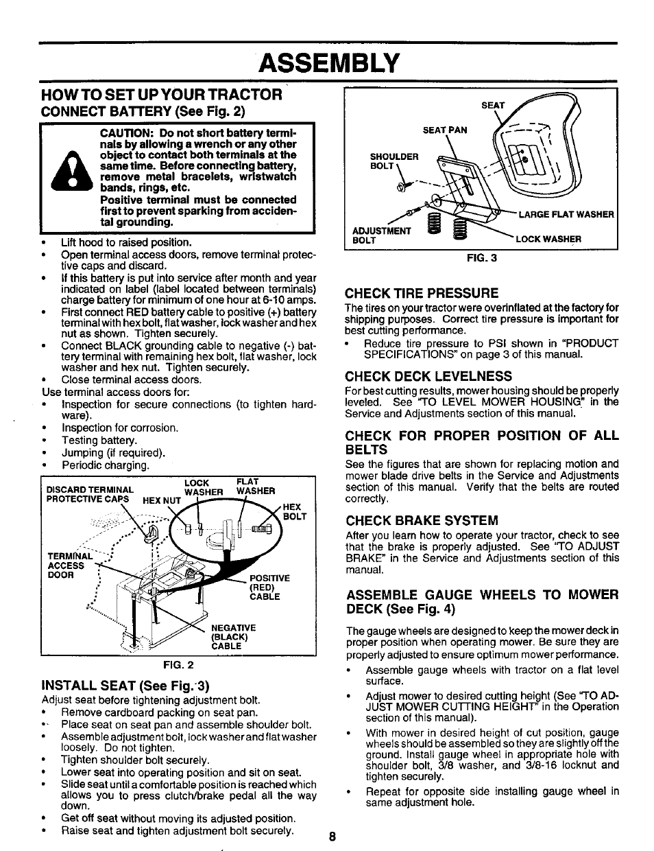 How to set up your tractor, Connect battery (see fig. 2), Install seat (see fig. 3) | Check tire pressure, Check deck levelness, Check for proper position of all belts, Check brake system, Assemble gauge wheels to mower deck (see fig. 4), Assembly | Craftsman 917.259561 User Manual | Page 8 / 56