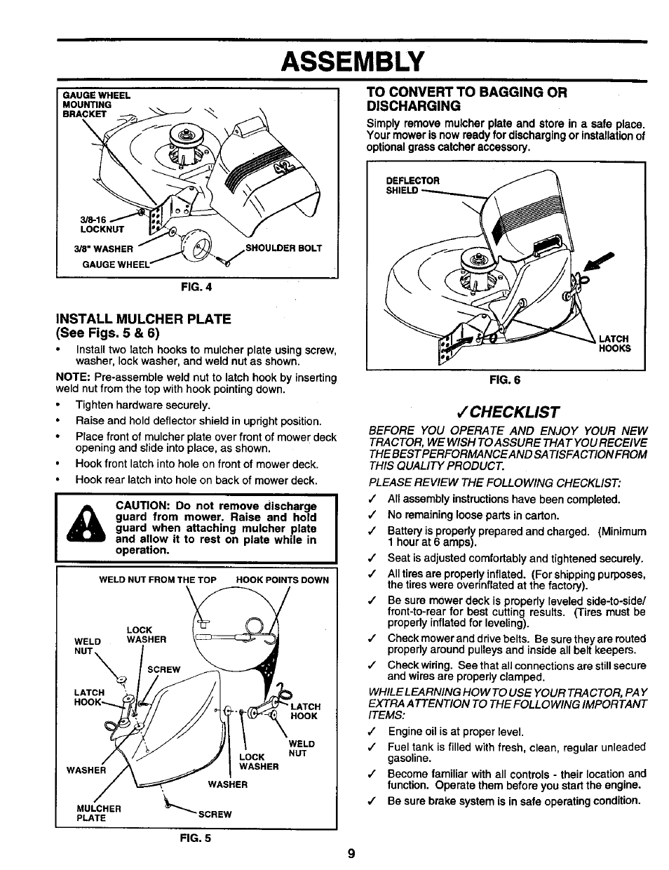 Install mulcher plate (see figs. 5 & 6), To convert to bagging or discharging, Assembly | Checklist | Craftsman 917.259561 User Manual | Page 9 / 56