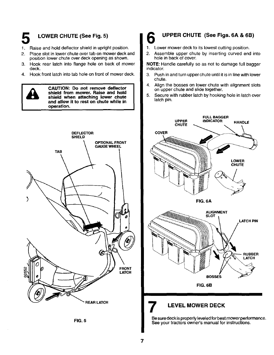 Lower chute (see fig. 5), Upper chute (see figs. 6a & 6b), Level mower deck | Craftsman 917.24985 User Manual | Page 7 / 12