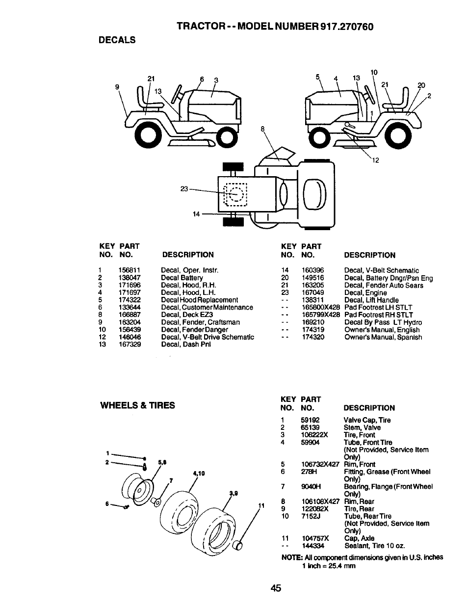 Decals, Wheels & tires | Craftsman 917.270760 User Manual | Page 45 / 60