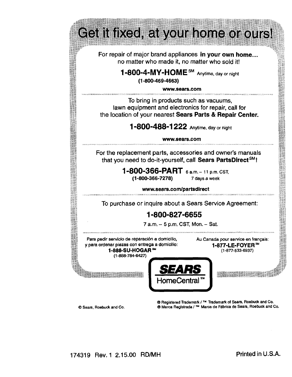Get it fixed, at your home or ours, 800-4-my-home, Homecentral | Craftsman 917.270760 User Manual | Page 60 / 60