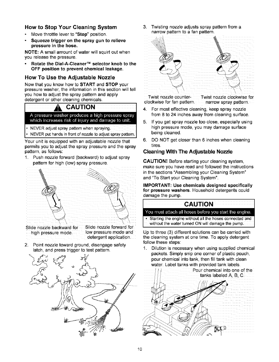 How to stop your cleaning system, How to use the adjustable nozzle, A caution | Cleaning with the adjustable nozzle, Caution | Craftsman 580.767451 User Manual | Page 10 / 48