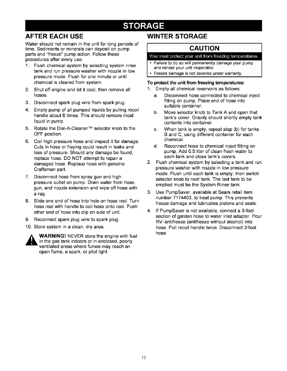 After each use, Winter storage, Caution | Craftsman 580.767451 User Manual | Page 17 / 48